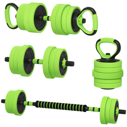 SPORTNOW 4 in 1 Gym Weights Set Total 40kg in Plastic and Sand, Adjustable Dumbbell Set Usable as Kettlebell, 2 Dumbbells, Barbell and Push-Up Stand, Green