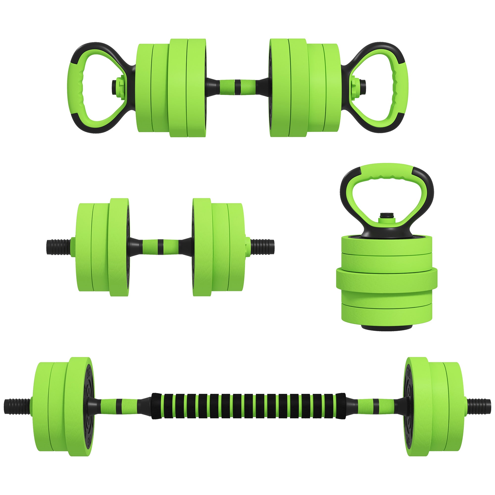 SPORTNOW 4 in 1 Gym Weights Set Total 40kg in Plastic and Sand, Adjustable Dumbbell Set Usable as Kettlebell, 2 Dumbbells, Barbell and Push-Up Stand, Green