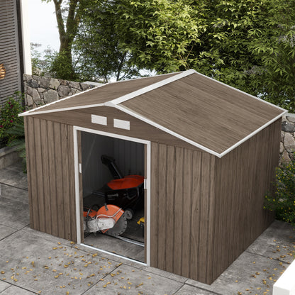 Tool Shed 4.9 m², Garden House with Gable Roof, Sliding Door, Foundation, 277 x 195 x 192 cm, Tool Shed Made of Galvanized Steel, Weatherproof, for Garden, Brown