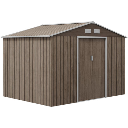 Tool Shed 4.9 m², Garden House with Gable Roof, Sliding Door, Foundation, 277 x 195 x 192 cm, Tool Shed Made of Galvanized Steel, Weatherproof, for Garden, Brown