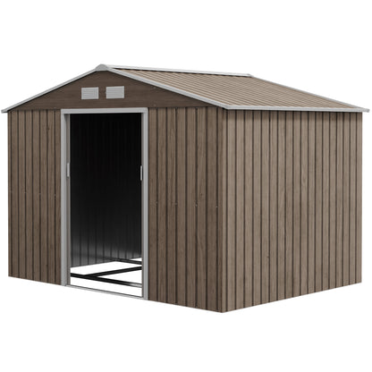 Tool Shed 4.9 m², Garden House with Gable Roof, Sliding Door, Foundation, 277 x 195 x 192 cm, Tool Shed Made of Galvanized Steel, Weatherproof, for Garden, Brown
