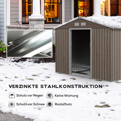 Tool Shed 4.9 m², Garden House with Gable Roof, Sliding Door, Foundation, 277 x 195 x 192 cm, Tool Shed Made of Galvanized Steel, Weatherproof, for Garden, Brown