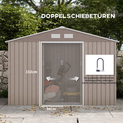 Tool Shed 4.9 m², Garden House with Gable Roof, Sliding Door, Foundation, 277 x 195 x 192 cm, Tool Shed Made of Galvanized Steel, Weatherproof, for Garden, Brown