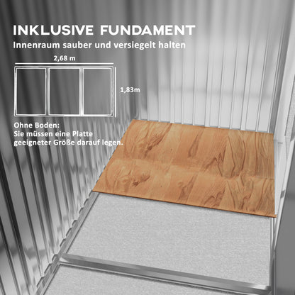 Tool Shed 4.9 m², Garden House with Gable Roof, Sliding Door, Foundation, 277 x 195 x 192 cm, Tool Shed Made of Galvanized Steel, Weatherproof, for Garden, Brown