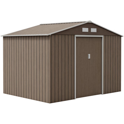 Tool Shed 4.9 m², Garden House with Gable Roof, Sliding Door, Foundation, 277 x 195 x 192 cm, Tool Shed Made of Galvanized Steel, Weatherproof, for Garden, Brown