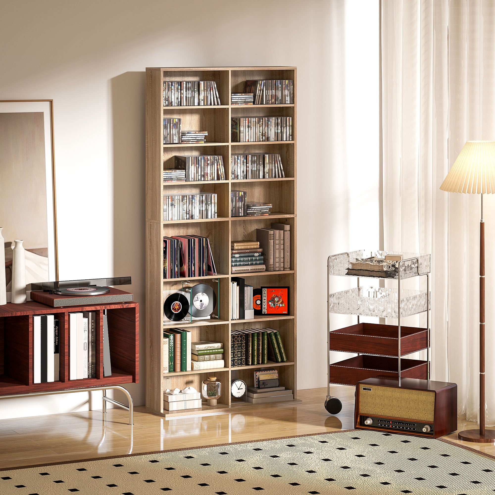 Media Shelf for CDs, DVDs & Blu-rays – Holds up to 640 CDs / 360 DVDs / 430 Blu-rays, Adjustable Shelves, Natural Wood Finish (31 x 9.4 x 68.9 in)