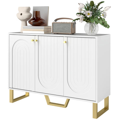Sideboard 3 Doors Modern Living Room Sideboard with Adjustable Shelves and Golden Legs for Dining Room Entryway TV Stand up to 50 inches White 106.5x35x77.5 cm