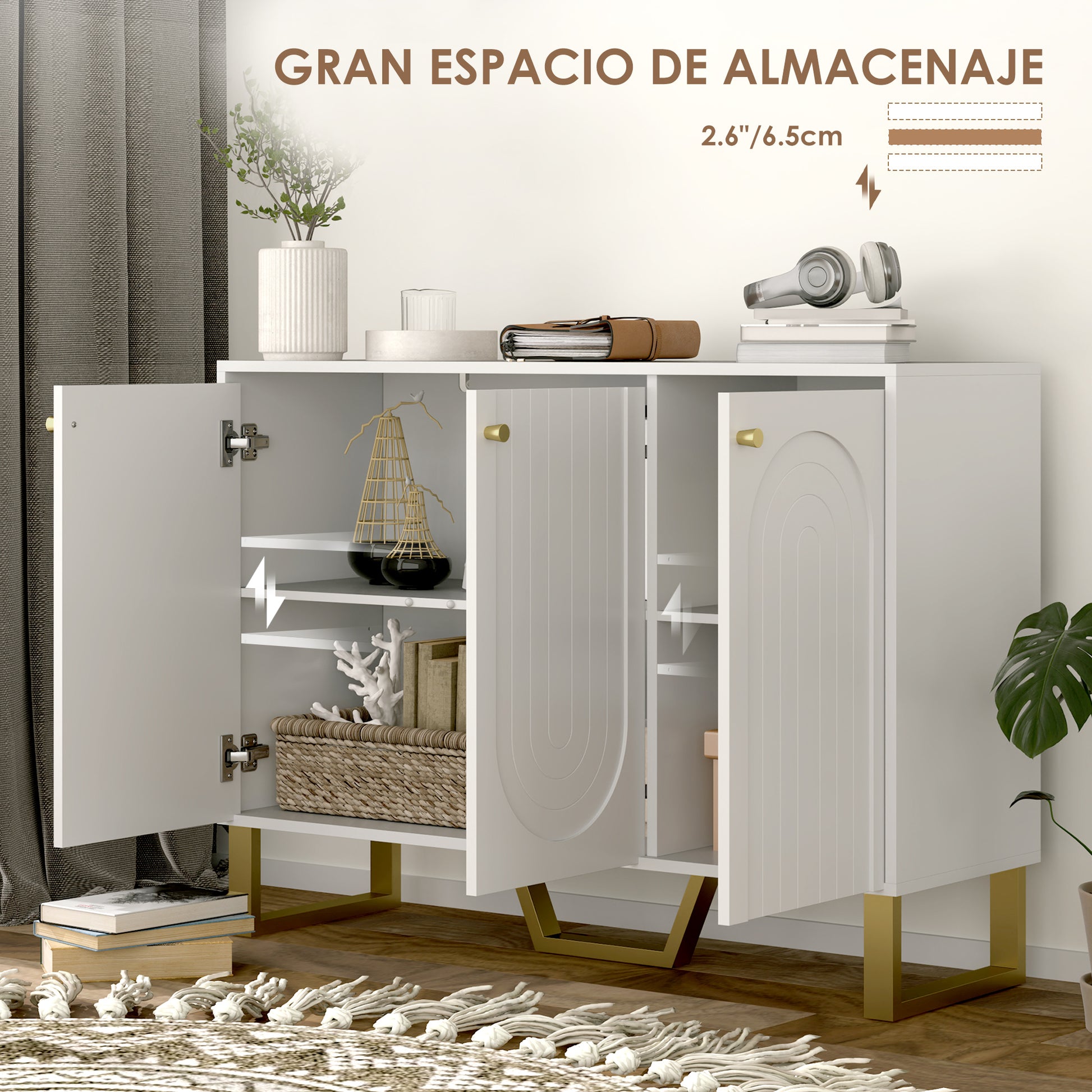 Sideboard 3 Doors Modern Living Room Sideboard with Adjustable Shelves and Golden Legs for Dining Room Entryway TV Stand up to 50 inches White 106.5x35x77.5 cm