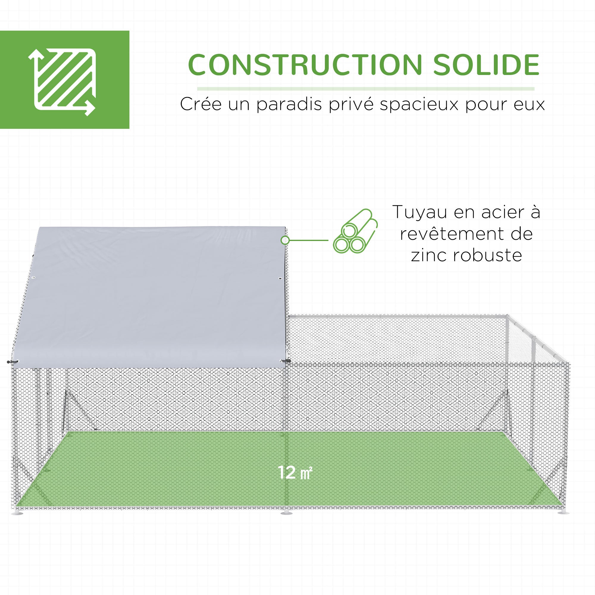 Outdoor Chicken Kennel Henhouse Aviary 12 m² - wired enclosure dim. 4L x 3W x 2H m - covered space - galvanized steel