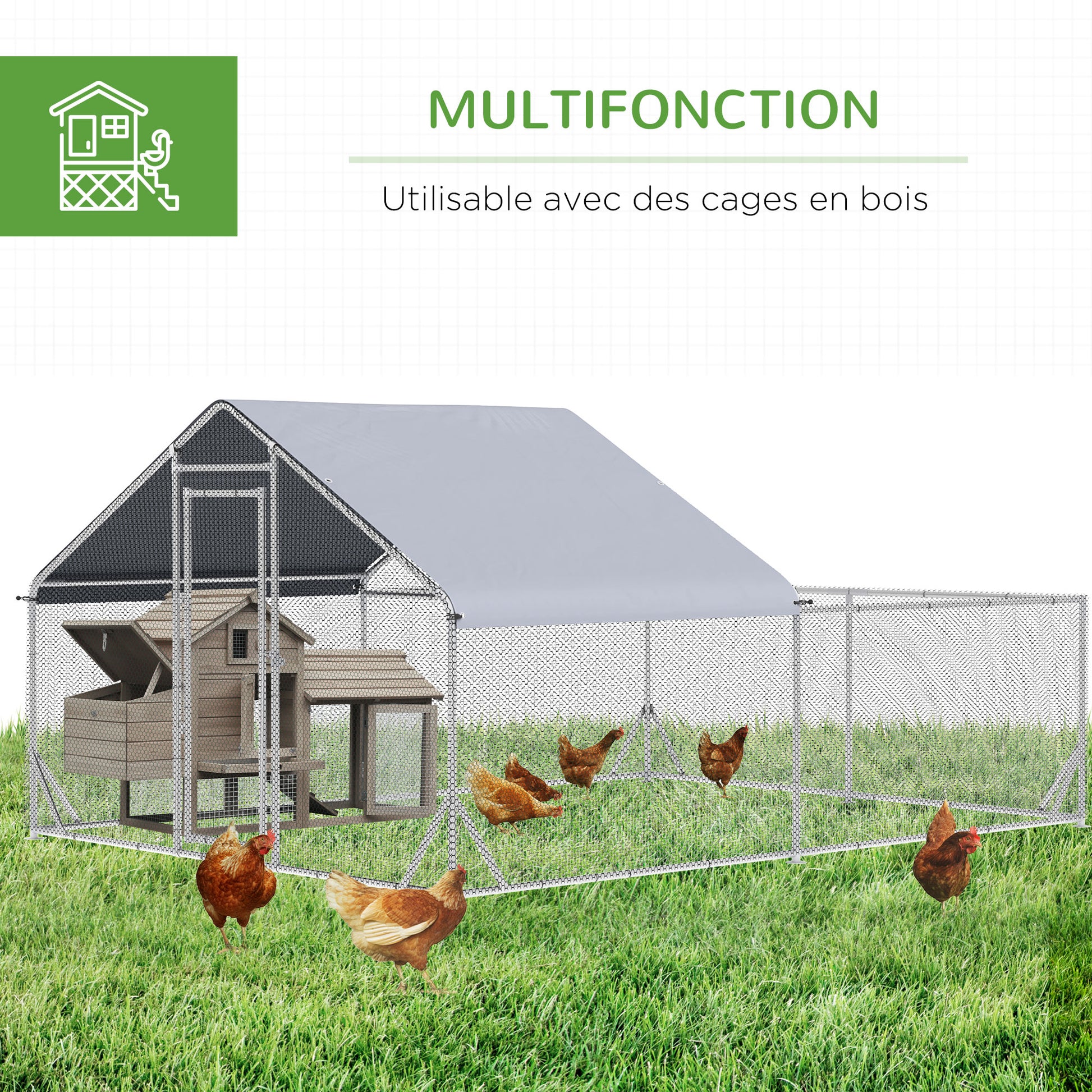 Outdoor Chicken Kennel Henhouse Aviary 12 m² - wired enclosure dim. 4L x 3W x 2H m - covered space - galvanized steel