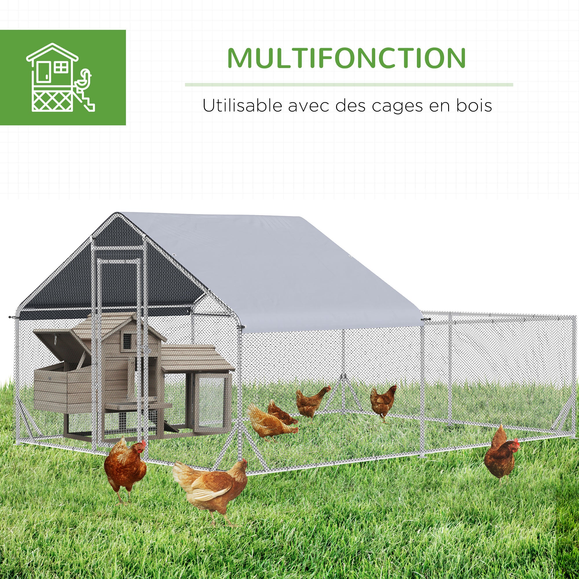 Outdoor Chicken Kennel Henhouse Aviary 12 m² - wired enclosure dim. 4L x 3W x 2H m - covered space - galvanized steel