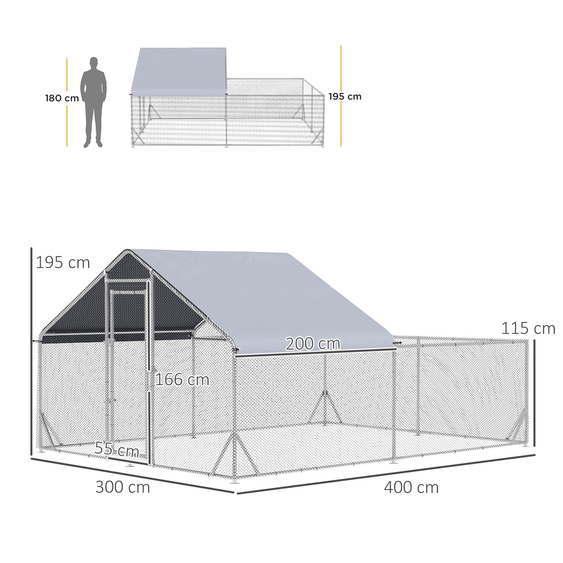 Outdoor Chicken Kennel Henhouse Aviary 12 m² - wired enclosure dim. 4L x 3W x 2H m - covered space - galvanized steel