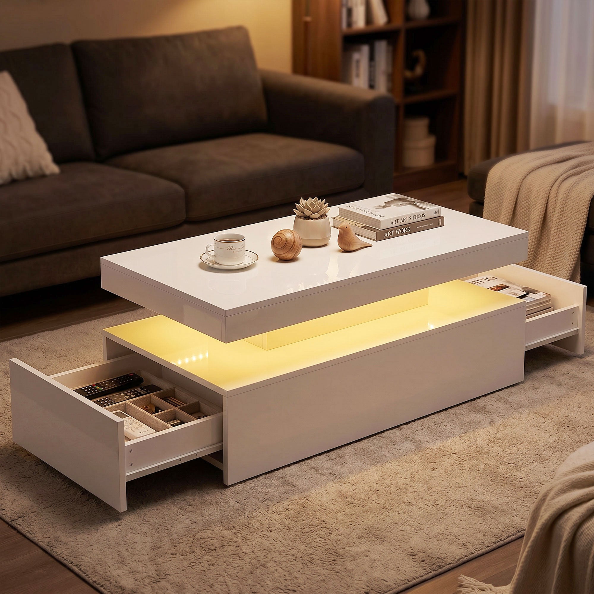 Coffee Table, High-Gloss White with Dimmable RGB LED Strip, App Control, 2 Drawers, Music Sync & Timer, Modern Side Table 39.4 x 19.7 x 15.7 in (100 x 50 x 40 cm)