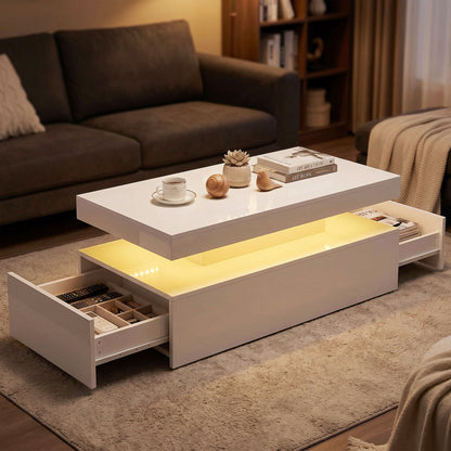Coffee Table, High-Gloss White with Dimmable RGB LED Strip, App Control, 2 Drawers, Music Sync & Timer, Modern Side Table 39.4 x 19.7 x 15.7 in (100 x 50 x 40 cm)