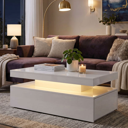 Coffee Table, High-Gloss White with Dimmable RGB LED Strip, App Control, 2 Drawers, Music Sync & Timer, Modern Side Table 39.4 x 19.7 x 15.7 in (100 x 50 x 40 cm)