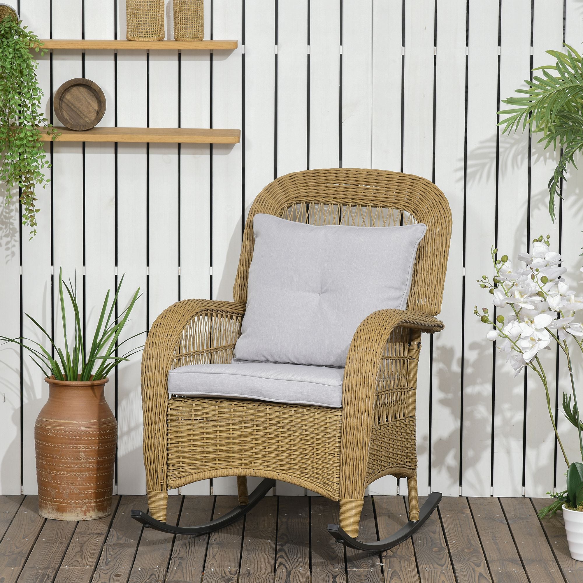 Rattan Rocking Chair, Rocking Armchair with Cushions, Garden Chair with Washable Cushion Covers, Lounge Furniture for Backyard, Garden, Patios, Yellow, 69 x 92 x 100 cm