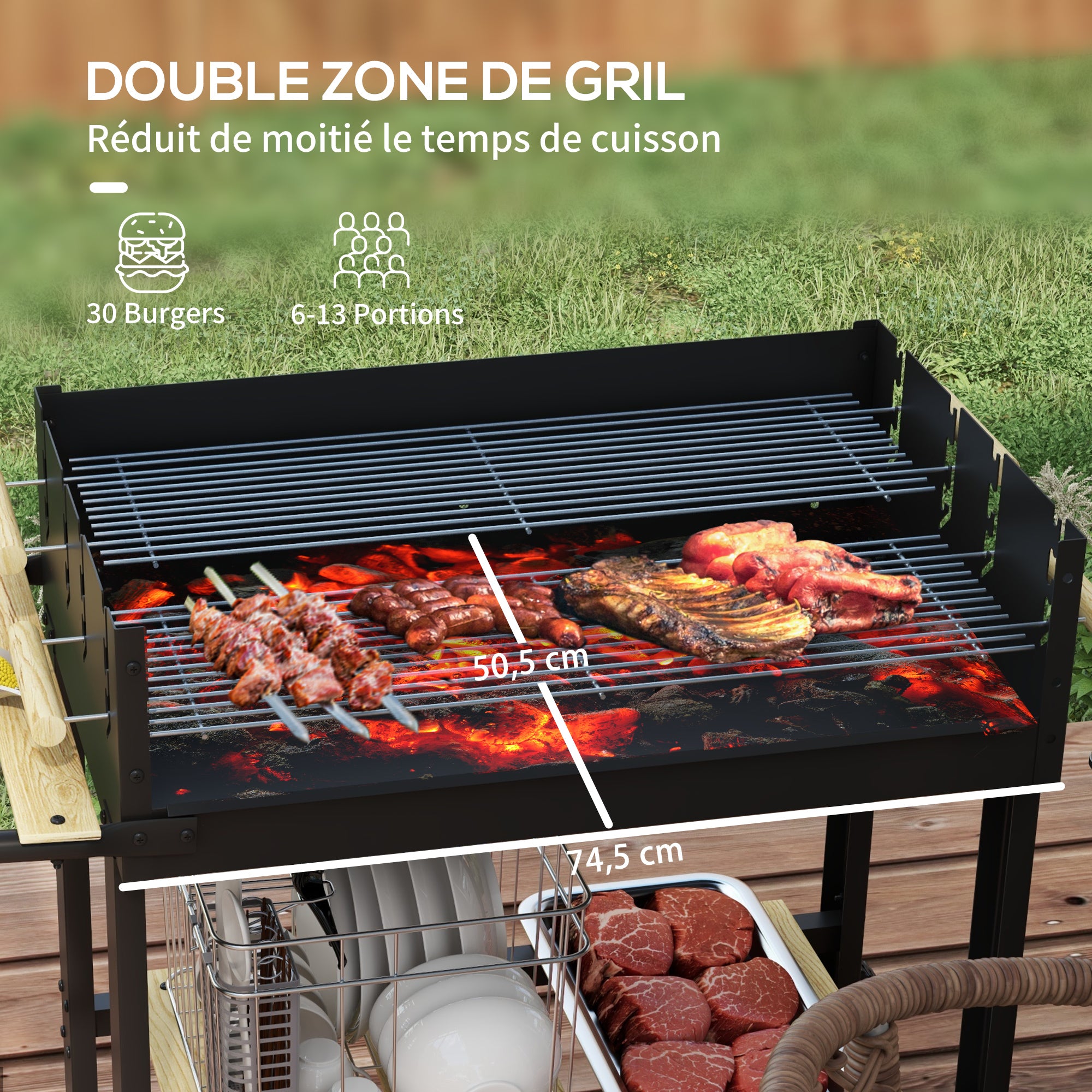 Charcoal BBQ Grill with Adjustable Double Grill, 2 Wheels, and 2 Shelves dim. 113L x 53.5W x 82.5H cm Black