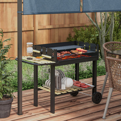 Charcoal BBQ Grill with Adjustable Double Grill, 2 Wheels, and 2 Shelves dim. 113L x 53.5W x 82.5H cm Black