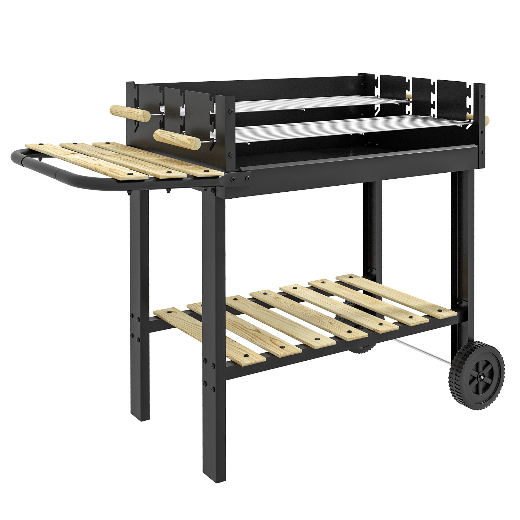 Charcoal BBQ Grill with Adjustable Double Grill, 2 Wheels, and 2 Shelves dim. 113L x 53.5W x 82.5H cm Black