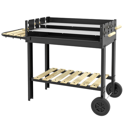Charcoal BBQ Grill with Adjustable Double Grill, 2 Wheels, and 2 Shelves dim. 113L x 53.5W x 82.5H cm Black