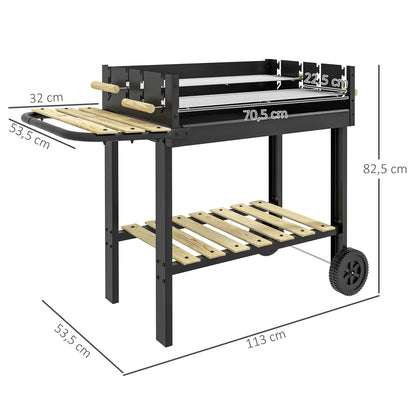 Charcoal BBQ Grill with Adjustable Double Grill, 2 Wheels, and 2 Shelves dim. 113L x 53.5W x 82.5H cm Black