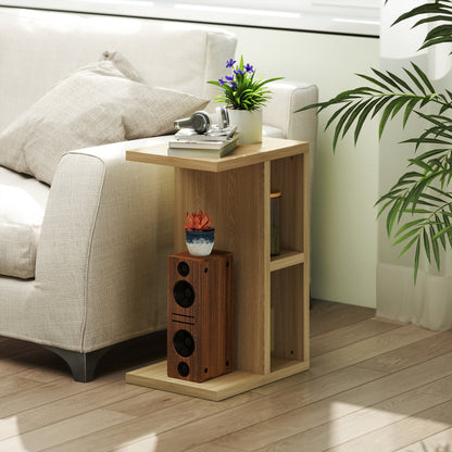 3-Tier Side Table, C Shaped End Table with 2 Open Compartments, Coffee Table for Living Room, Bedroom, 40 x 29.8 x 60 cm, Oak