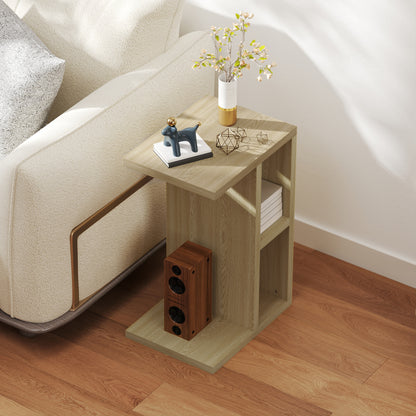 3-Tier Side Table, C Shaped End Table with 2 Open Compartments, Coffee Table for Living Room, Bedroom, 40 x 29.8 x 60 cm, Oak