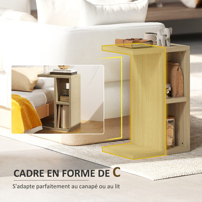 3-Tier Side Table, C Shaped End Table with 2 Open Compartments, Coffee Table for Living Room, Bedroom, 40 x 29.8 x 60 cm, Oak