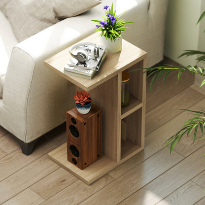 3-Tier Side Table, C Shaped End Table with 2 Open Compartments, Coffee Table for Living Room, Bedroom, 40 x 29.8 x 60 cm, Oak