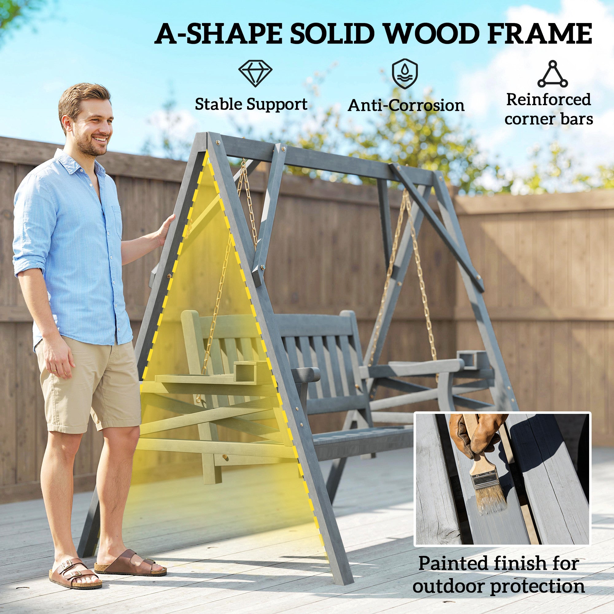2-Seater Garden Swing — Wooden Bench with Side Tables, Cup Holders & Metal Chains, Gray