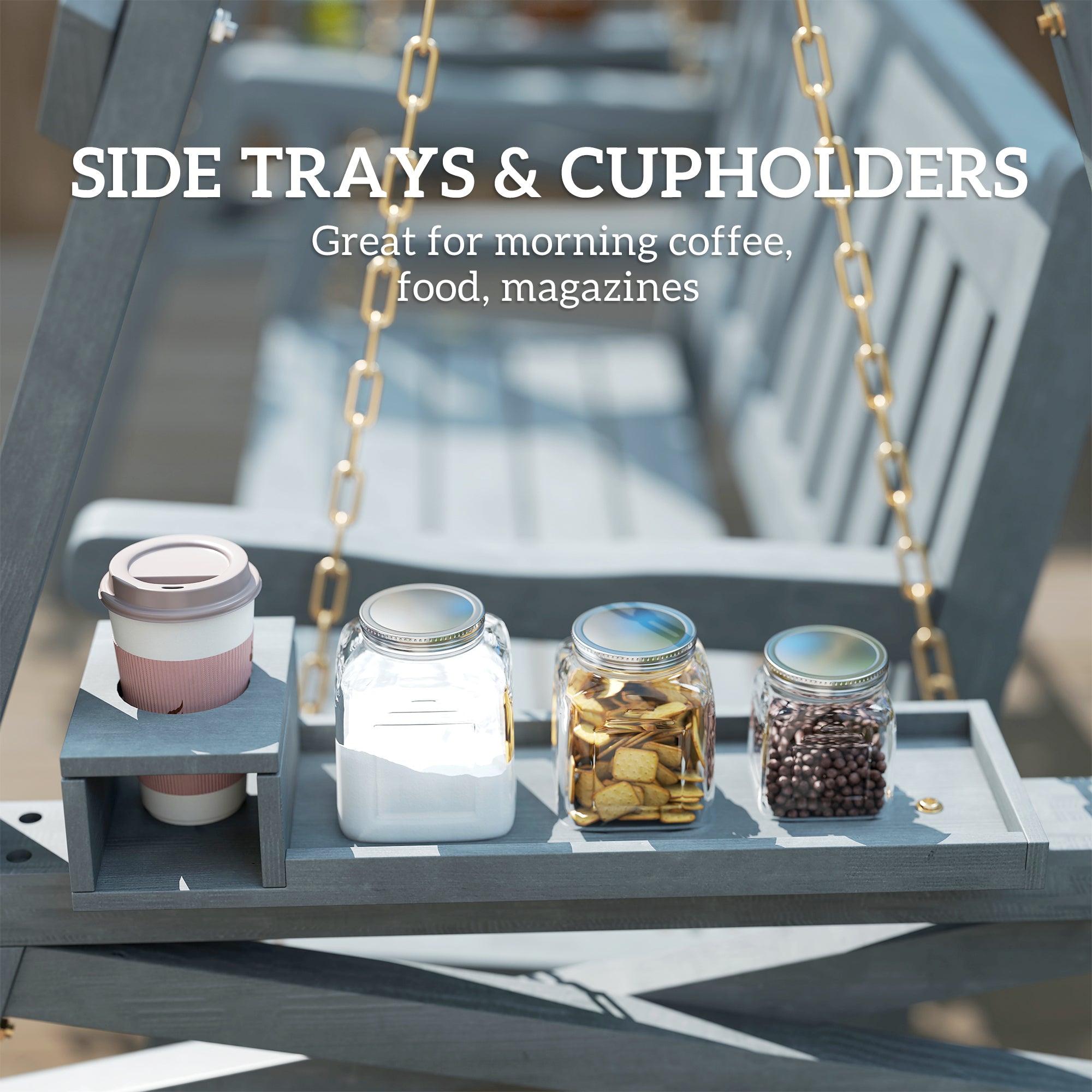 2-Seater Garden Swing — Wooden Bench with Side Tables, Cup Holders & Metal Chains, Gray