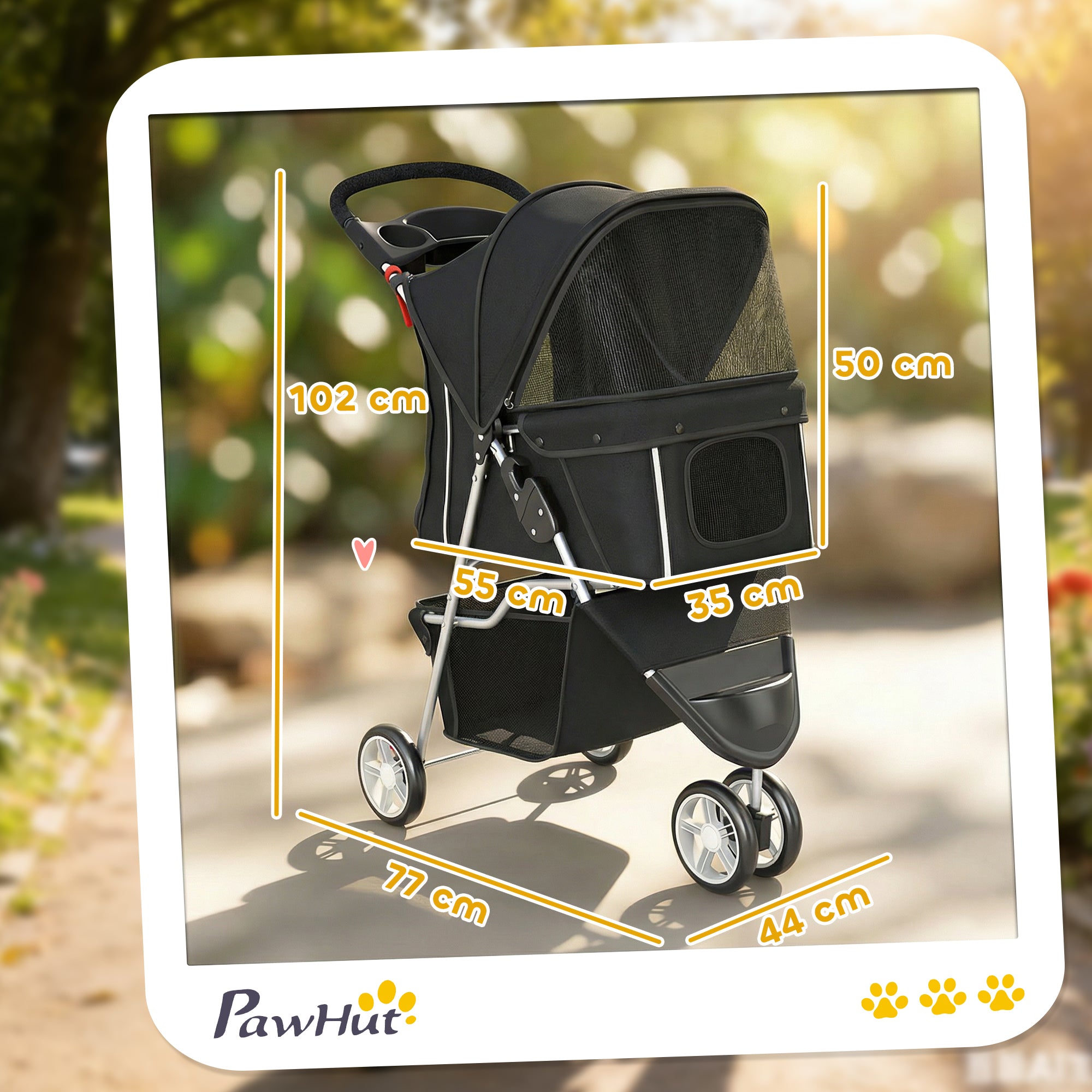 Foldable Pet Stroller — Collapsible Dog & Cat Buggy up to 22 lb with Storage Basket, Cushion, Mesh Windows, Cup Holder, 3 Wheels, Black