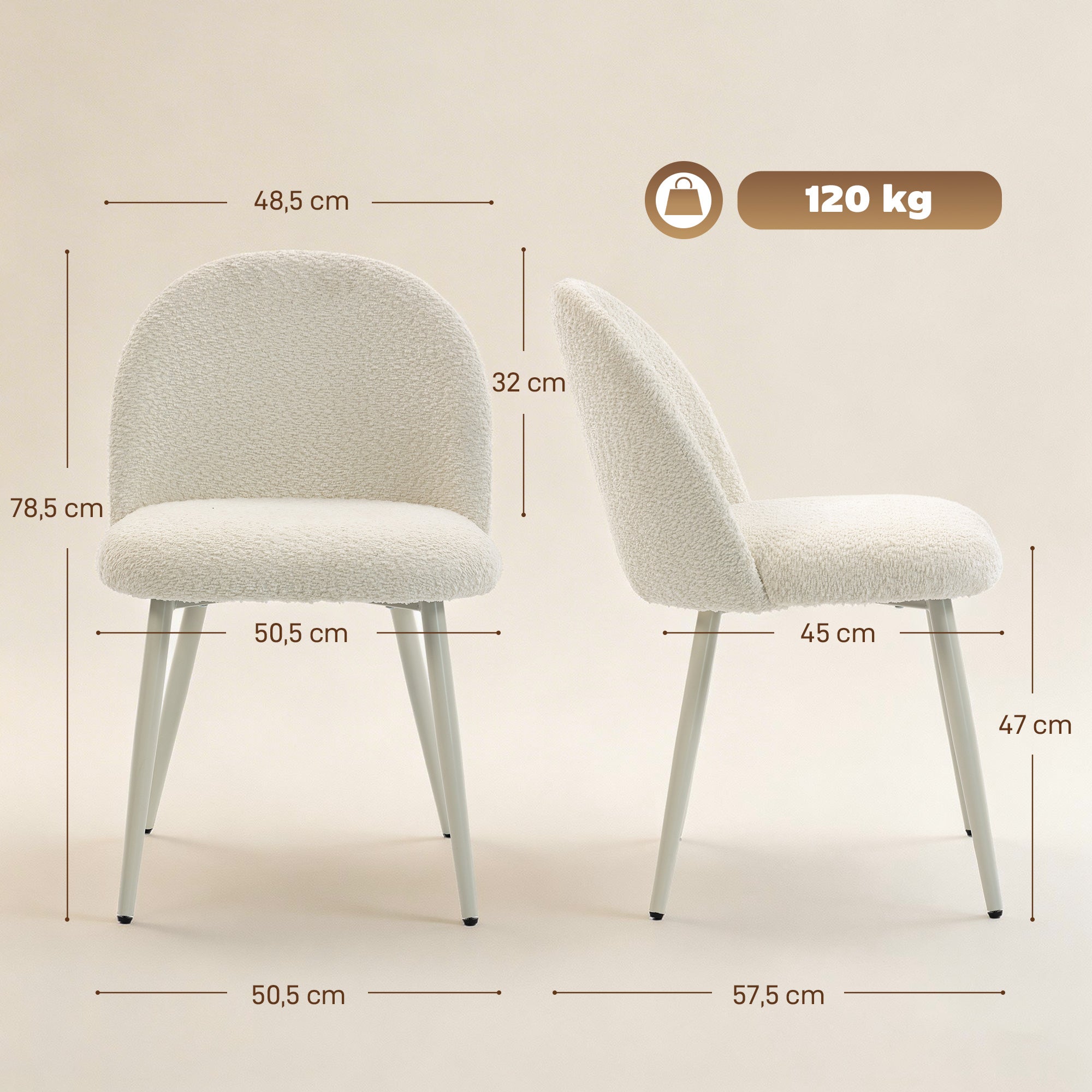 2-Pack Dining Chairs with Backrest, Cream Chenille Upholstery — Scandinavian Upholstered Side Chairs with Metal Legs