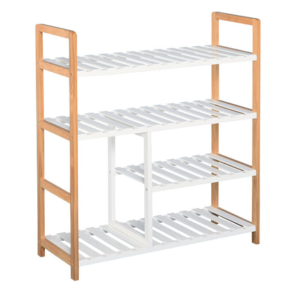 4-Level Multi-Purpose Shoe Rack for Up to 11 Pairs with Compartment for Tall Boots Solid Pine Wood Shoe Shelf 68x26x78 cm White