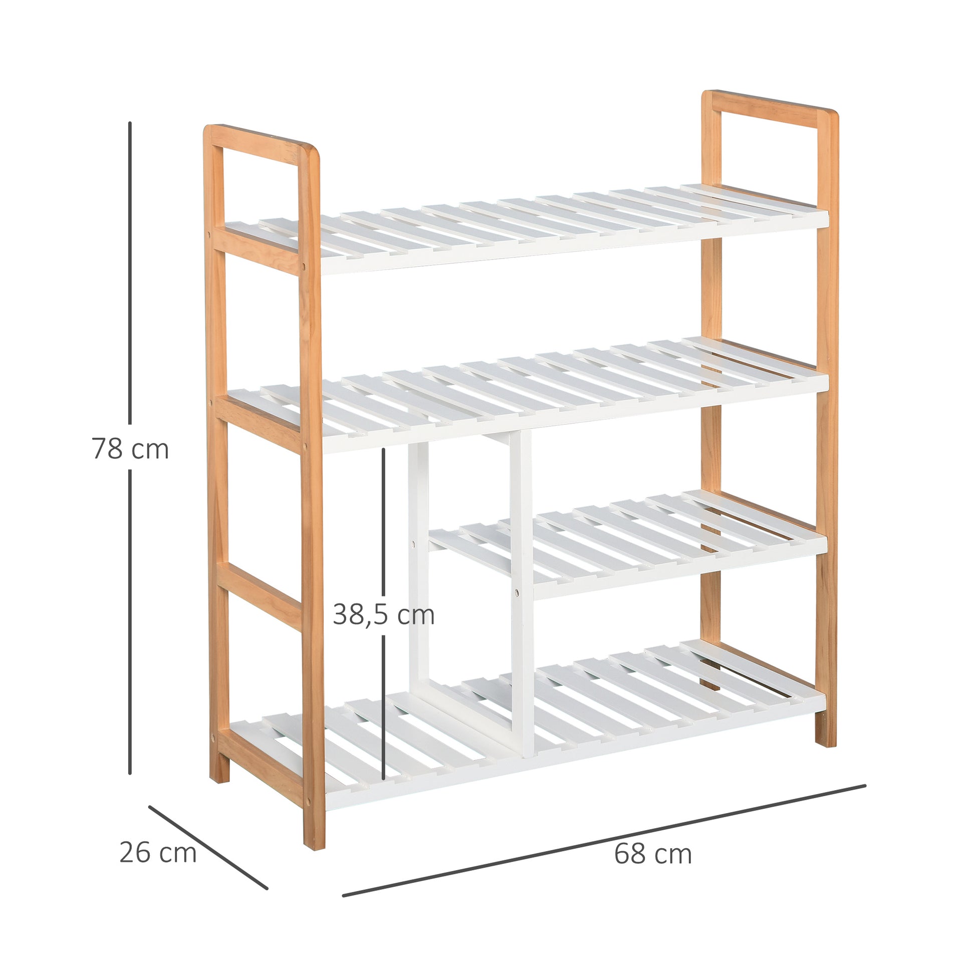 4-Level Multi-Purpose Shoe Rack for Up to 11 Pairs with Compartment for Tall Boots Solid Pine Wood Shoe Shelf 68x26x78 cm White