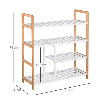 4-Level Multi-Purpose Shoe Rack for Up to 11 Pairs with Compartment for Tall Boots Solid Pine Wood Shoe Shelf 68x26x78 cm White