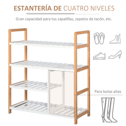 4-Level Multi-Purpose Shoe Rack for Up to 11 Pairs with Compartment for Tall Boots Solid Pine Wood Shoe Shelf 68x26x78 cm White