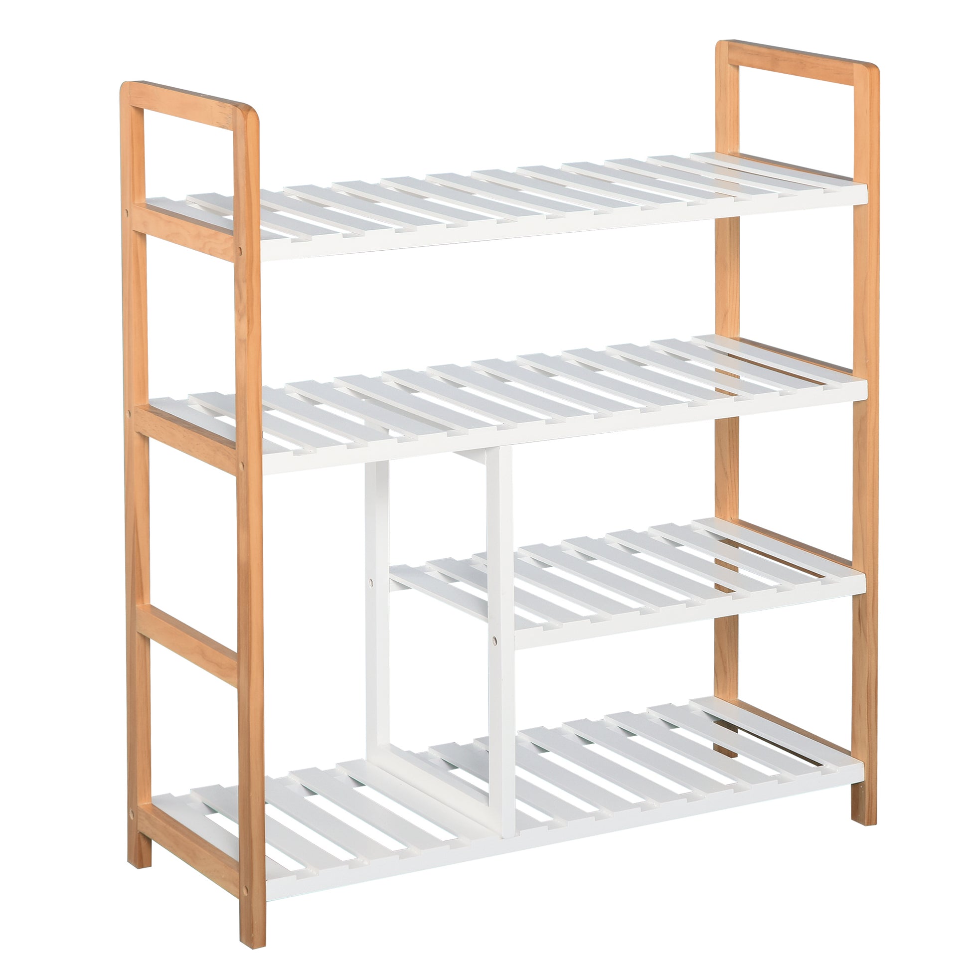 4-Level Multi-Purpose Shoe Rack for Up to 11 Pairs with Compartment for Tall Boots Solid Pine Wood Shoe Shelf 68x26x78 cm White