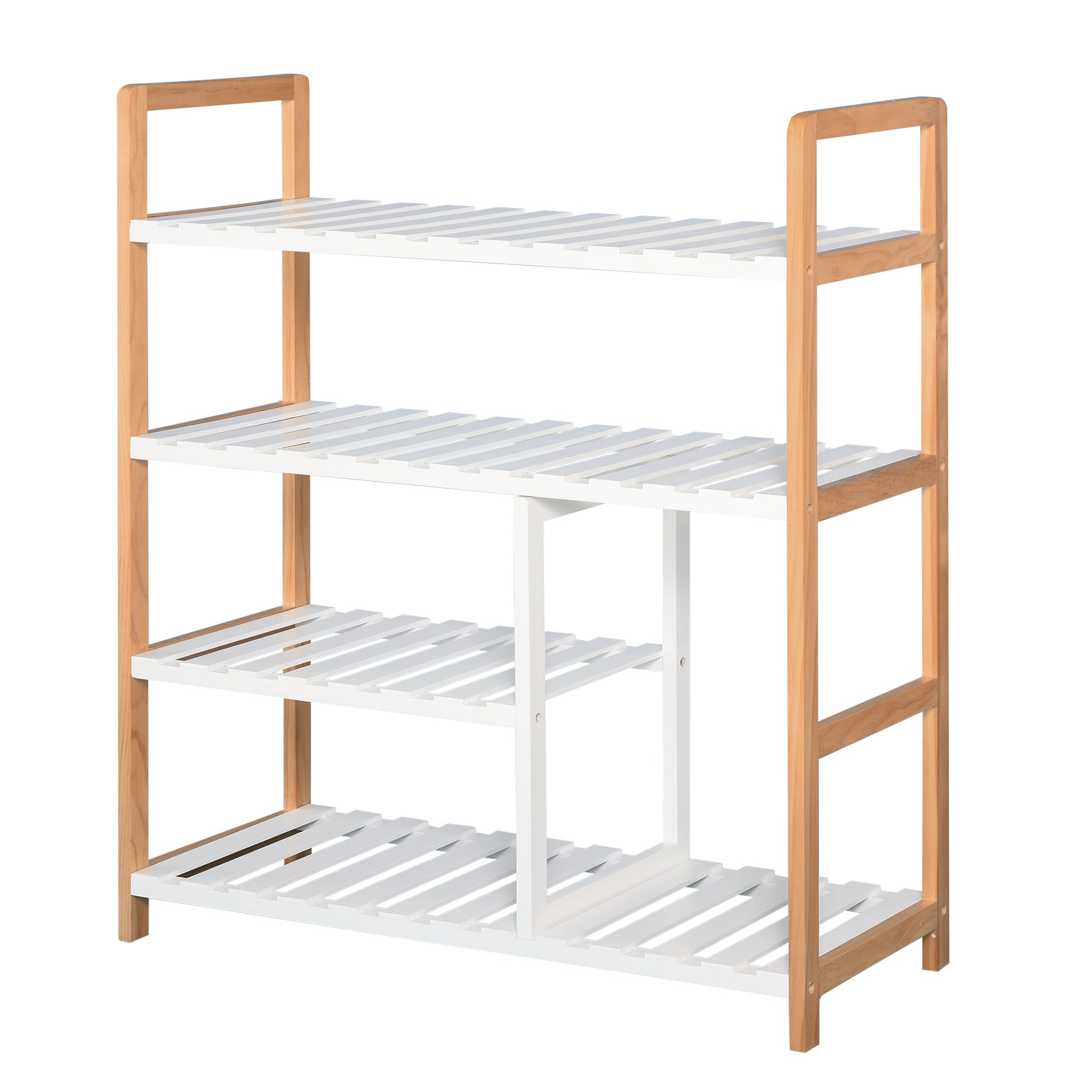 4-Level Multi-Purpose Shoe Rack for Up to 11 Pairs with Compartment for Tall Boots Solid Pine Wood Shoe Shelf 68x26x78 cm White