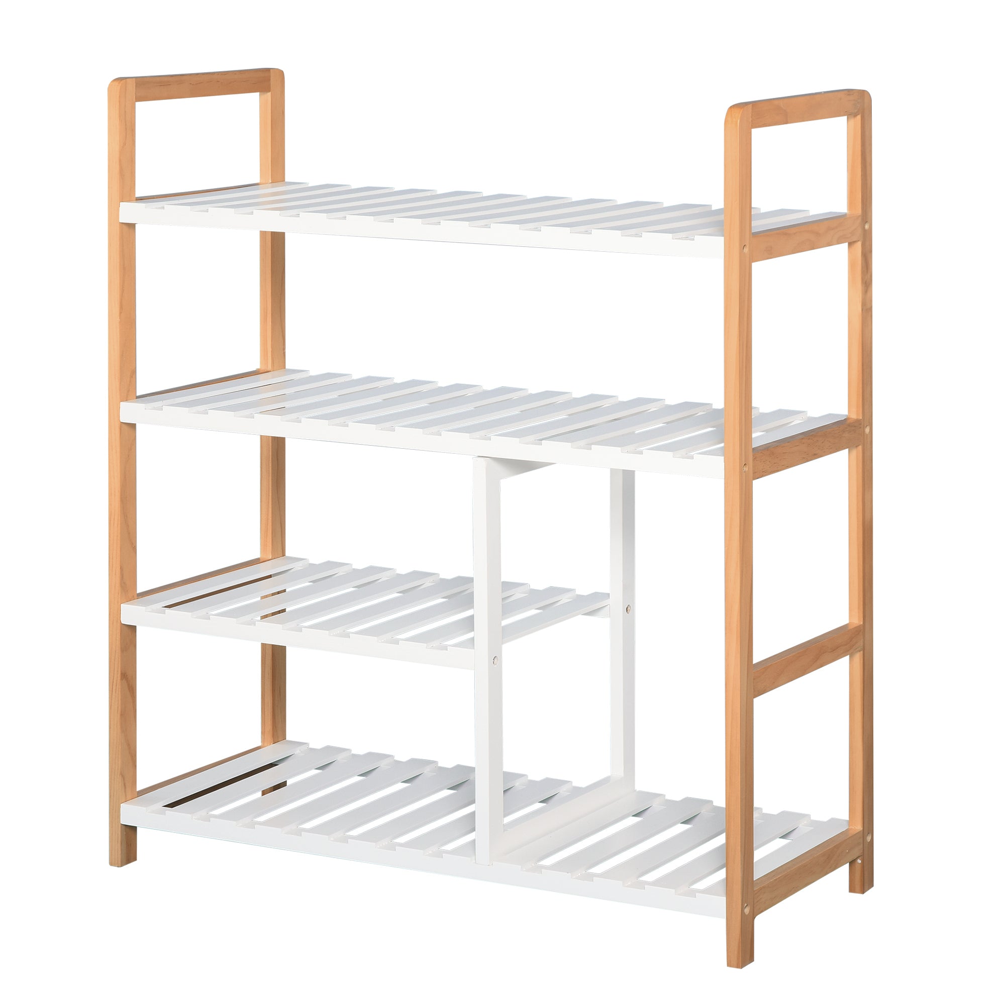 4-Level Multi-Purpose Shoe Rack for Up to 11 Pairs with Compartment for Tall Boots Solid Pine Wood Shoe Shelf 68x26x78 cm White