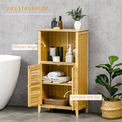 Bathroom Cabinet Storage Rack with 2 Louvered Doors, Open Shelf, Bamboo, Storage Cabinet for Bathroom, Living Room 50 x 25.5 x 92cm Natural