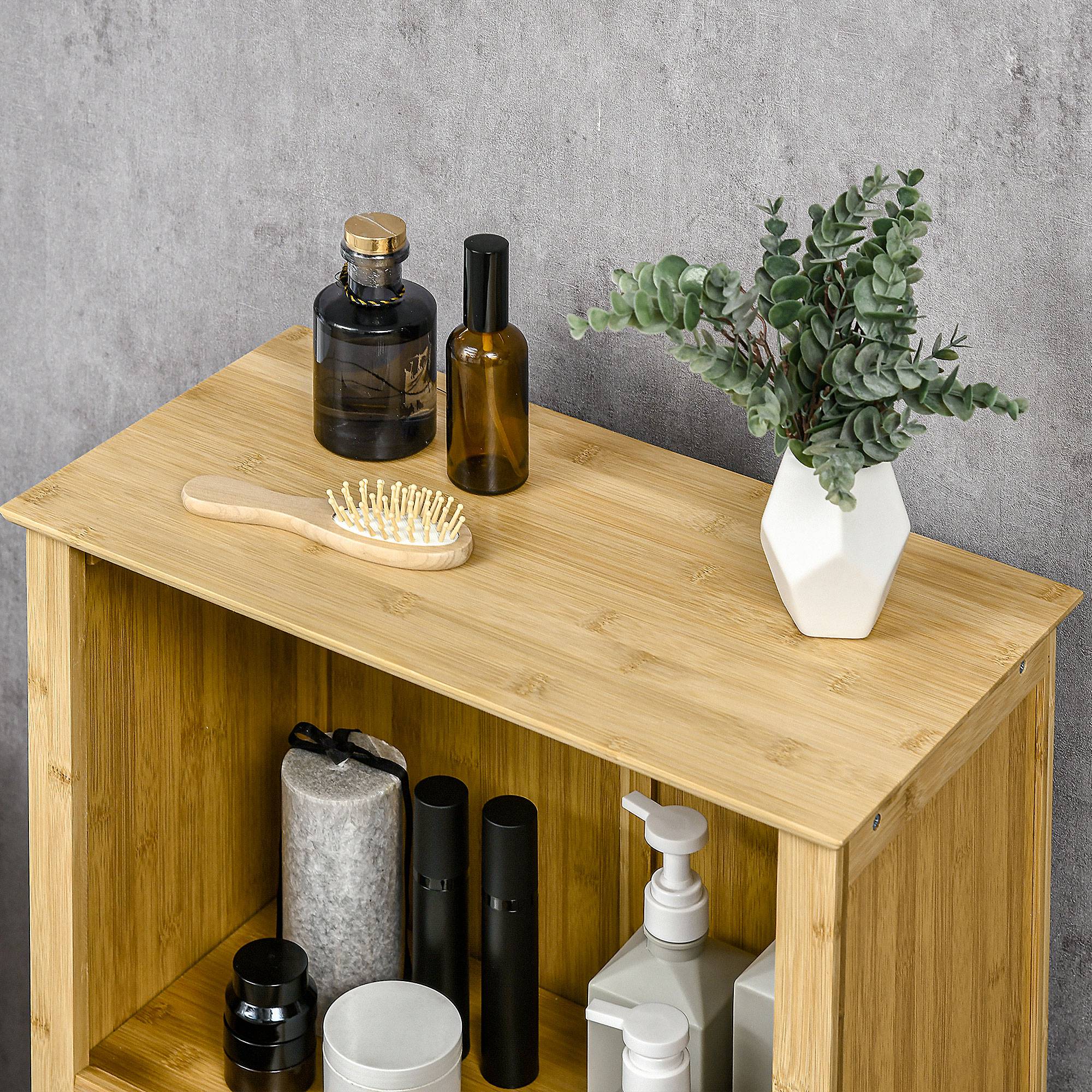 Bathroom Cabinet Storage Rack with 2 Louvered Doors, Open Shelf, Bamboo, Storage Cabinet for Bathroom, Living Room 50 x 25.5 x 92cm Natural