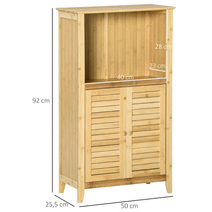 Bathroom Cabinet Storage Rack with 2 Louvered Doors, Open Shelf, Bamboo, Storage Cabinet for Bathroom, Living Room 50 x 25.5 x 92cm Natural