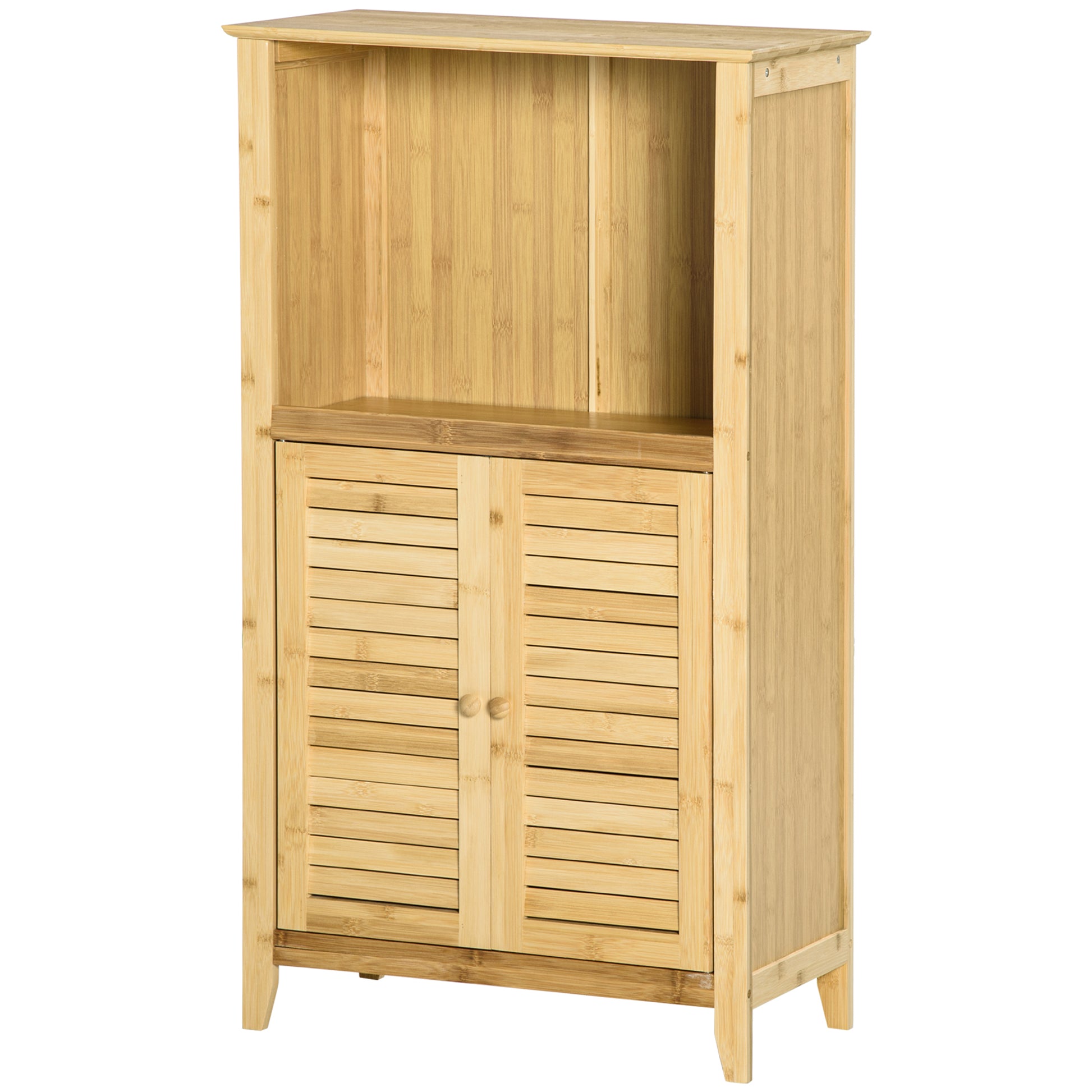 Bathroom Cabinet Storage Rack with 2 Louvered Doors, Open Shelf, Bamboo, Storage Cabinet for Bathroom, Living Room 50 x 25.5 x 92cm Natural