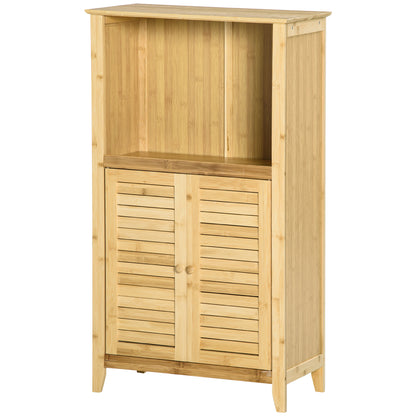 Bathroom Cabinet Storage Rack with 2 Louvered Doors, Open Shelf, Bamboo, Storage Cabinet for Bathroom, Living Room 50 x 25.5 x 92cm Natural