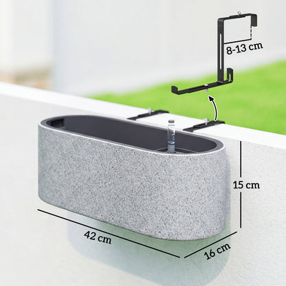 2-Pack Hanging Oval Planters with Self-Watering System, Drain Plug & Hooks — 42 x 16 x 15 cm (16.5 x 6.3 x 5.9 in), Light Gray