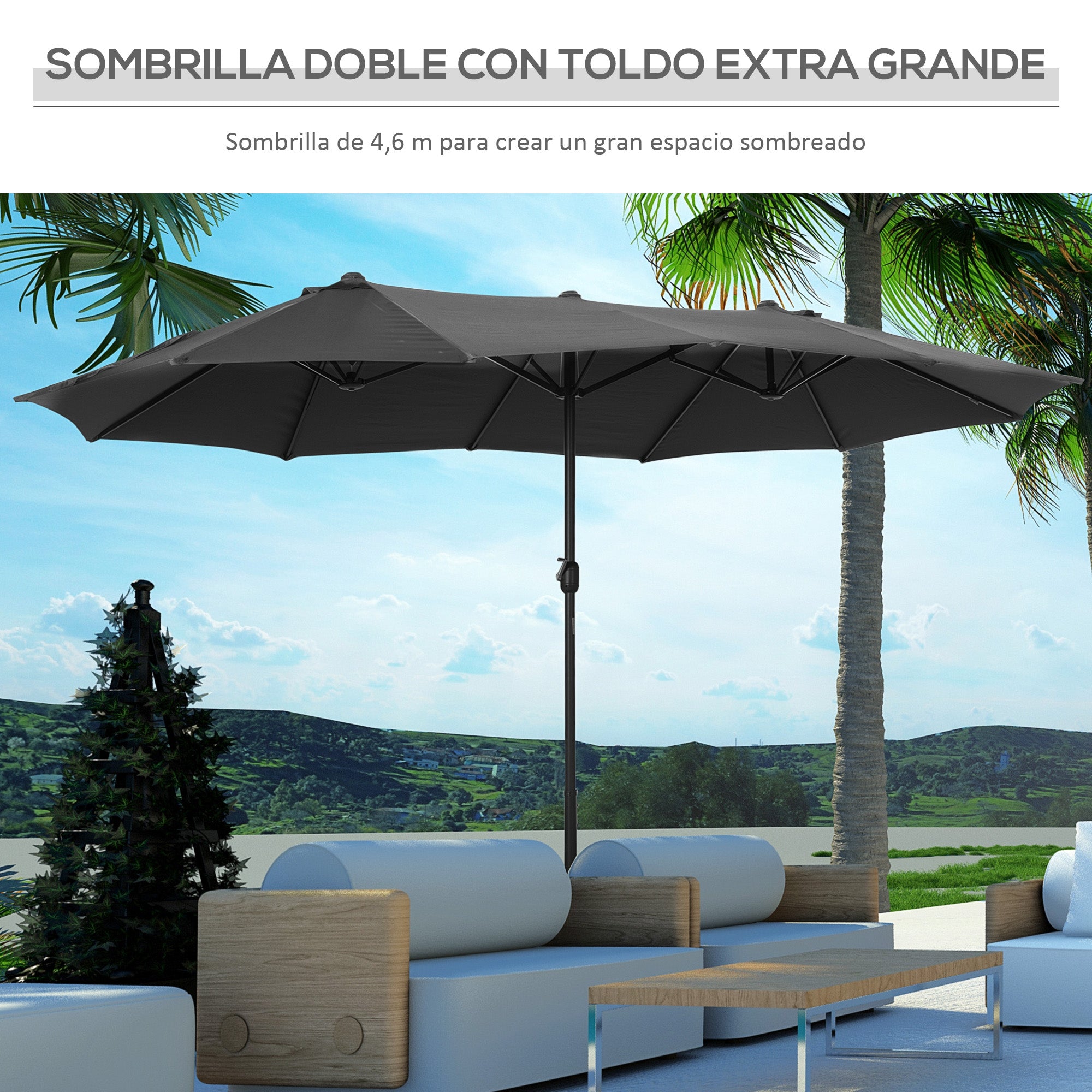 Double Umbrella 4.55x2.65 m Patio Umbrella with Manual Crank Water-Resistant and Sun Protection Large Umbrella for Patio Beach Pool Gray