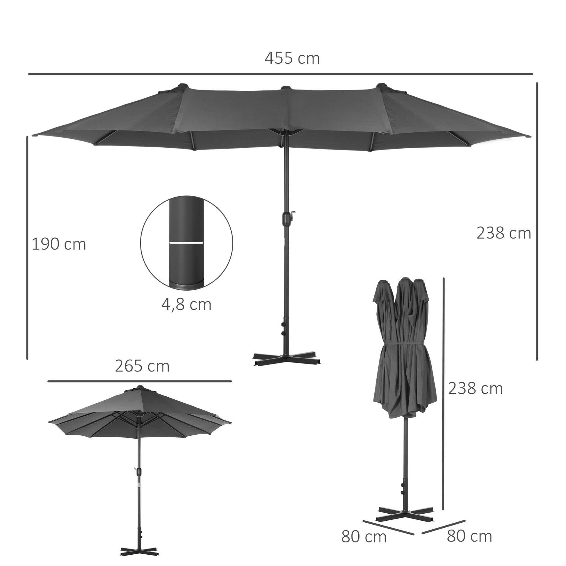Double Umbrella 4.55x2.65 m Patio Umbrella with Manual Crank Water-Resistant and Sun Protection Large Umbrella for Patio Beach Pool Gray