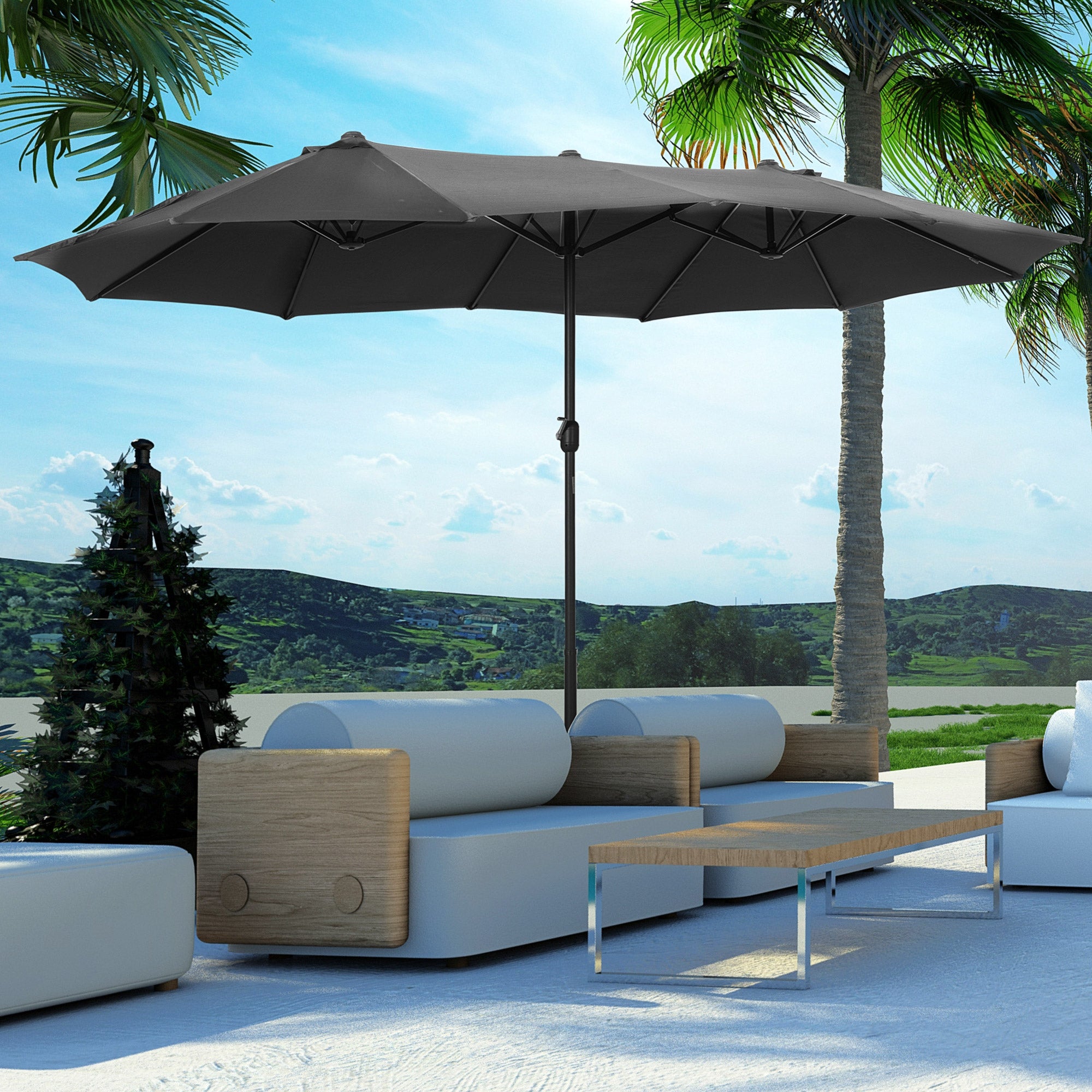 Double Umbrella 4.55x2.65 m Patio Umbrella with Manual Crank Water-Resistant and Sun Protection Large Umbrella for Patio Beach Pool Gray