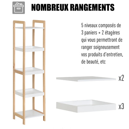 Bamboo Bathroom Shelf Stand 3 Baskets + 2 Shelves dim. 32L x 30w x 130H cm Beige White